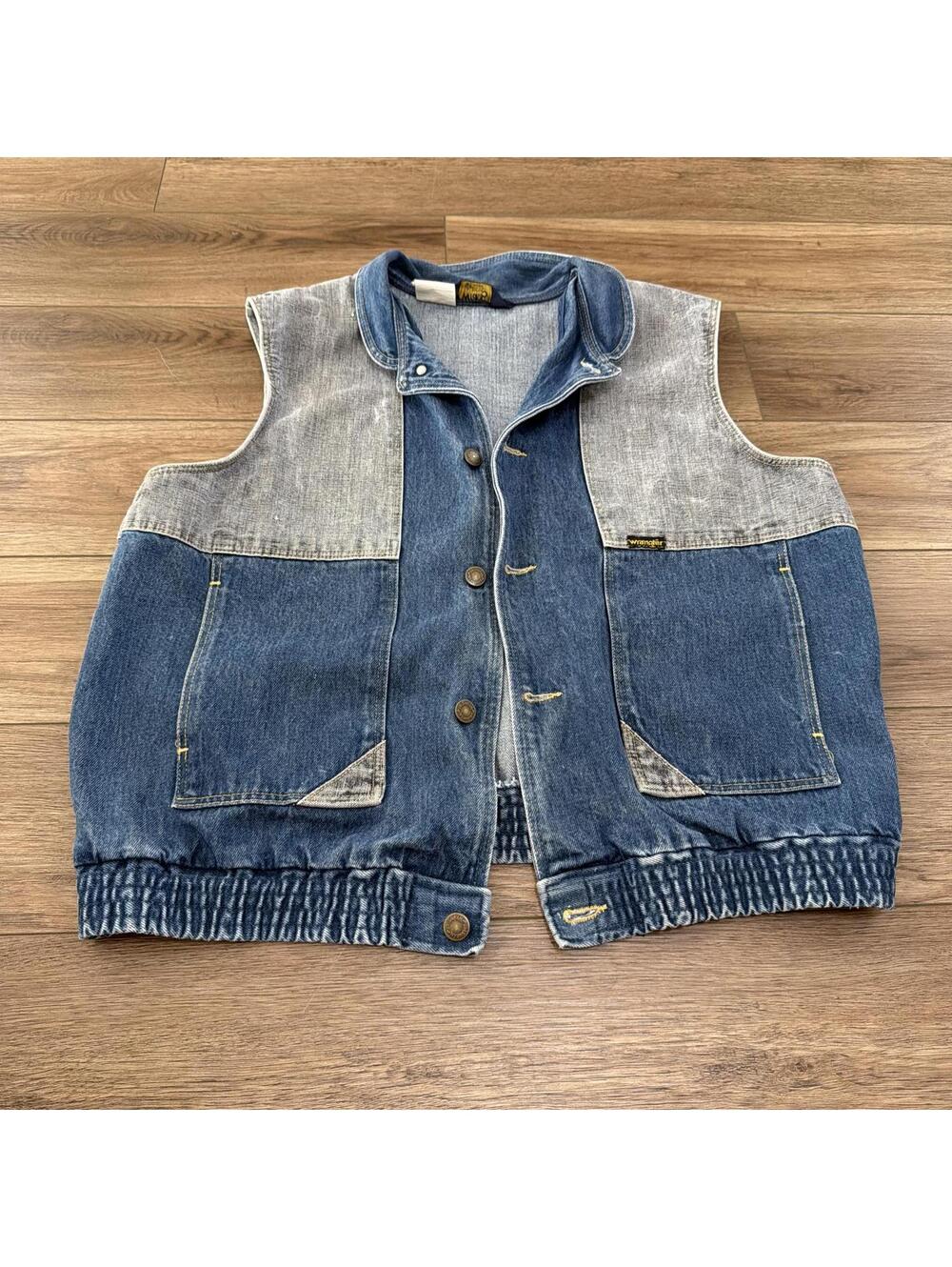 Vtg 80s Wrangler Two Tone Denim Vest Made in USA Large